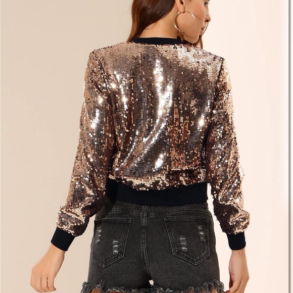 ⭐️HP! Women's Sequin Jacket Long Sleeve Cropped Zipper Up Party Glitter Bomber - Picture 3 of 10